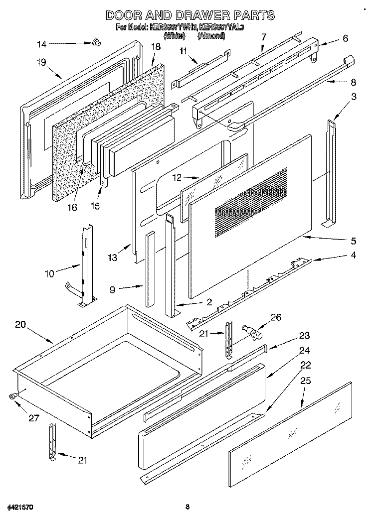 DOOR AND DRAWER Diagram and Parts List for KERS507YWH3  KitchenAid Range