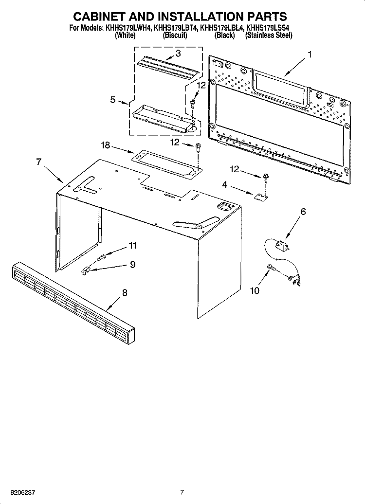 CABINET AND INSTALLATION PARTS Diagram and Parts List for KHHS179LWH4  KitchenAid Microwave