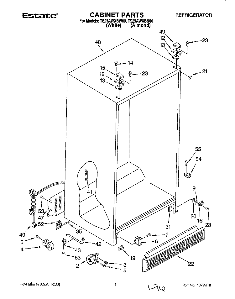 CABINET Diagram and Parts List for TS25AWXBW00  Estate Refrigerator