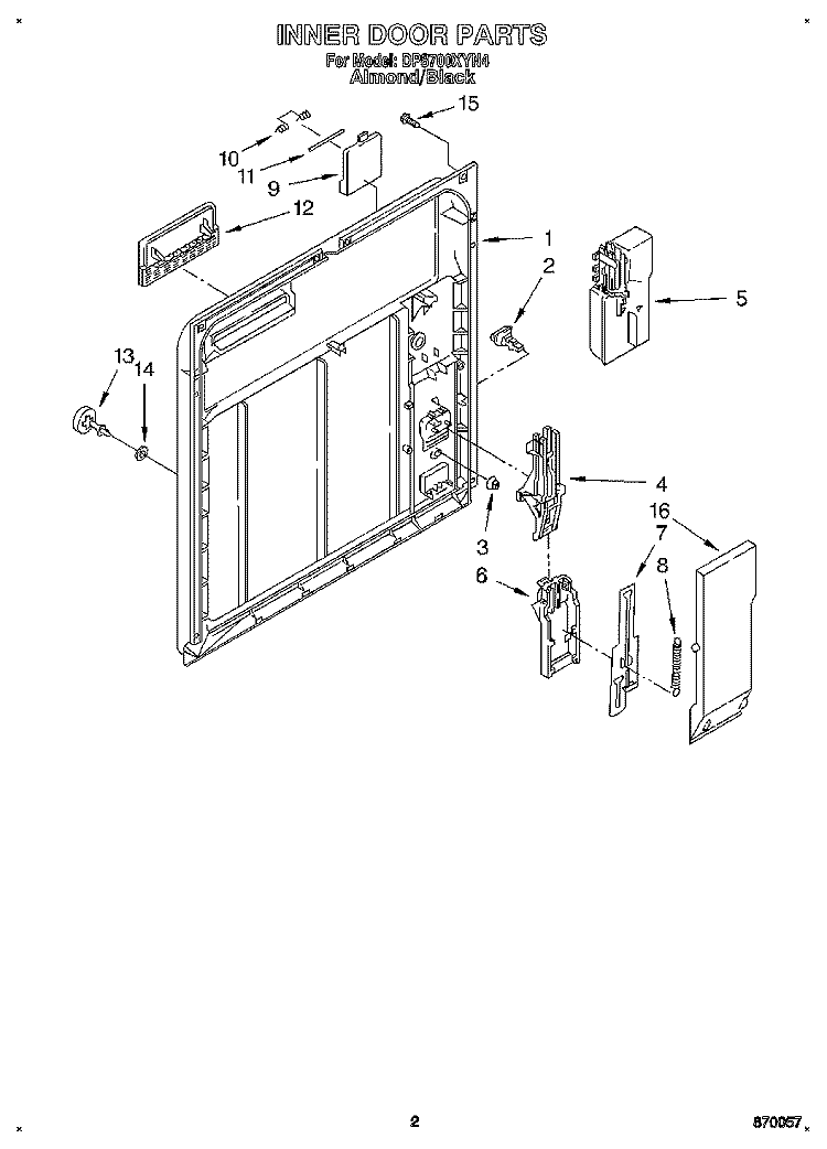 INNER DOOR Diagram and Parts List for DP8700XYN4  Whirlpool Dishwasher
