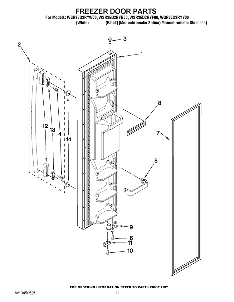 FREEZER DOOR PARTS Diagram and Parts List for WSR25D2RYW00  Whirlpool Refrigerator