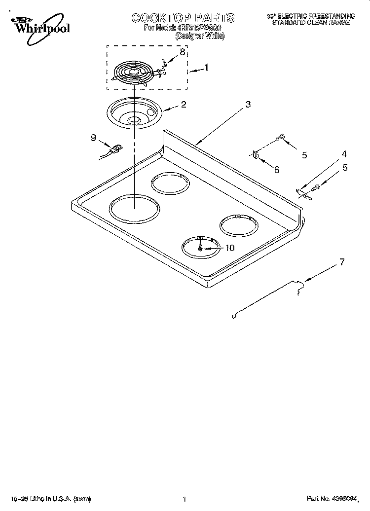 COOKTOP Diagram and Parts List for 4RF315PXGQ0  Whirlpool Range