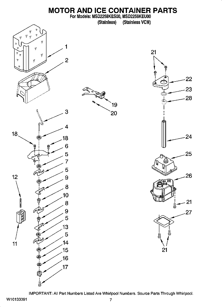 MOTOR AND ICE CONTAINER PARTS Diagram and Parts List for MSD2258KEU00  Whirlpool Refrigerator