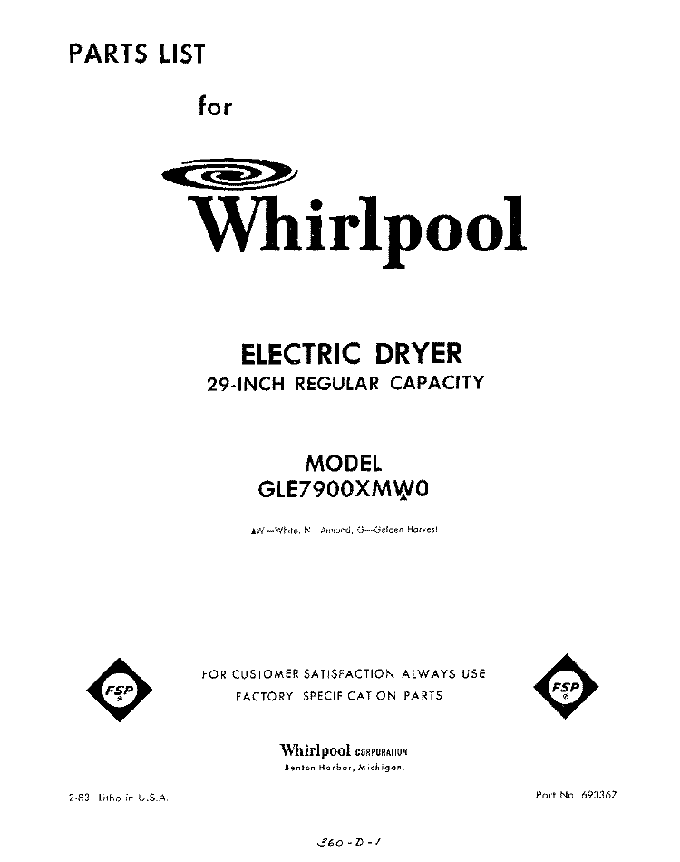 SECTION Diagram and Parts List for GLE7900XMW0  Whirlpool Dryer