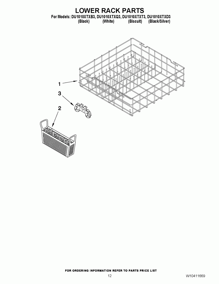 LOWER RACK PARTS Diagram and Parts List for DU1010XTXD3  Whirlpool Dishwasher