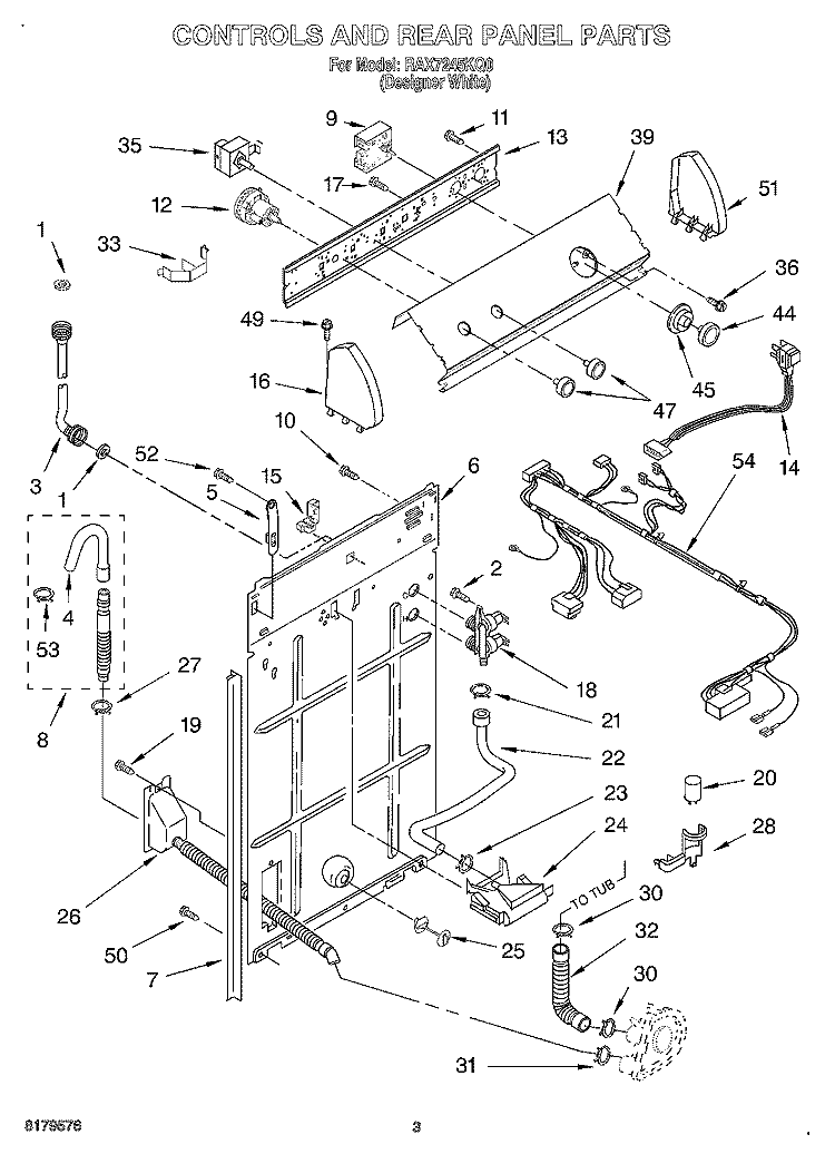CONTROLS AND REAR PANEL Diagram and Parts List for RAX7245KQ0  Roper Washer
