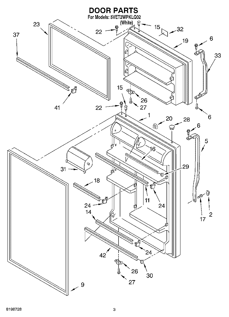 DOOR PARTS Diagram and Parts List for 5VET2WPKLQ02  Whirlpool Refrigerator