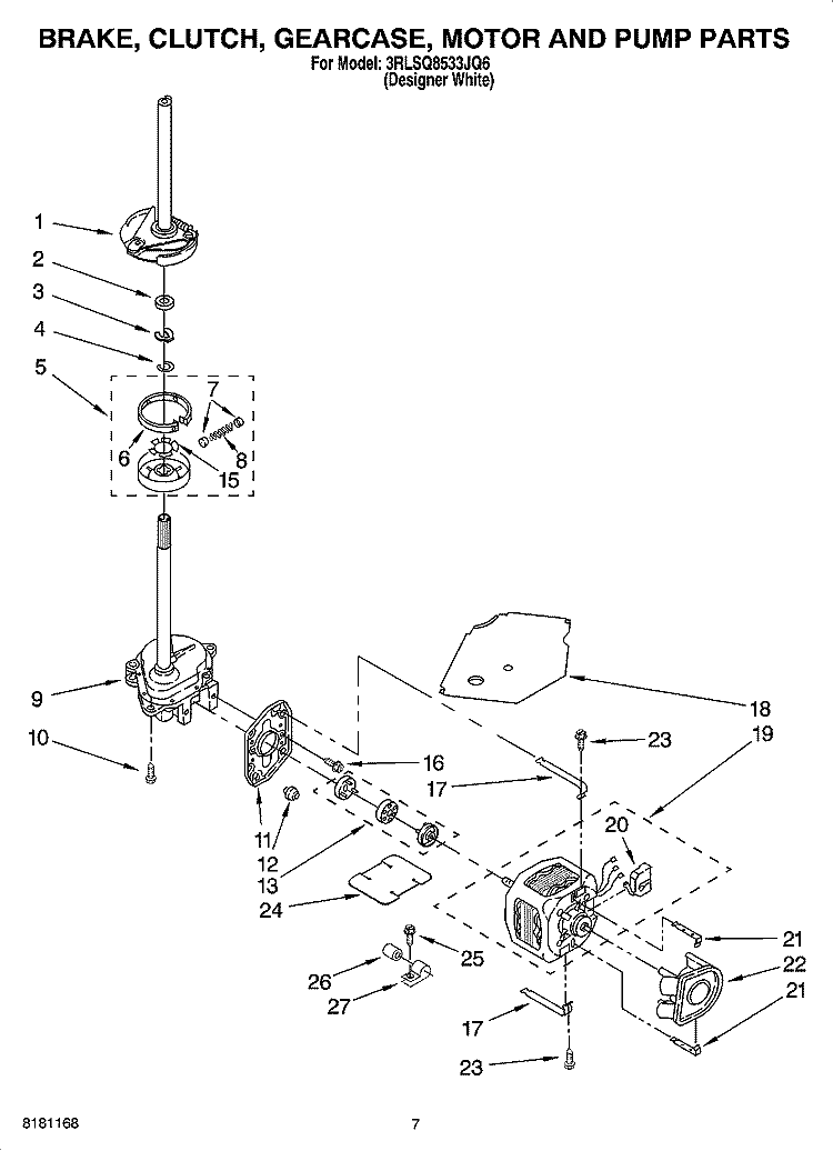BRAKE, CLUTCH, GEARCASE, MOTOR AND PUMP PARTS Diagram and Parts List for 3RLSQ8533JQ6  Whirlpool Washer