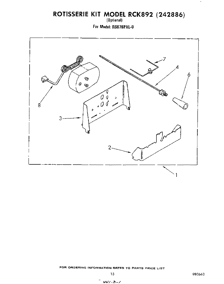 ROTISSERIE KIT RCK892 Diagram and Parts List for RS676PXL0  Whirlpool Range