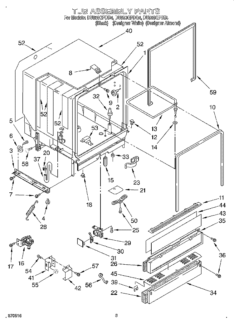 TUB ASSEMBLY Diagram and Parts List for DU980QPDQ4  Whirlpool Dishwasher