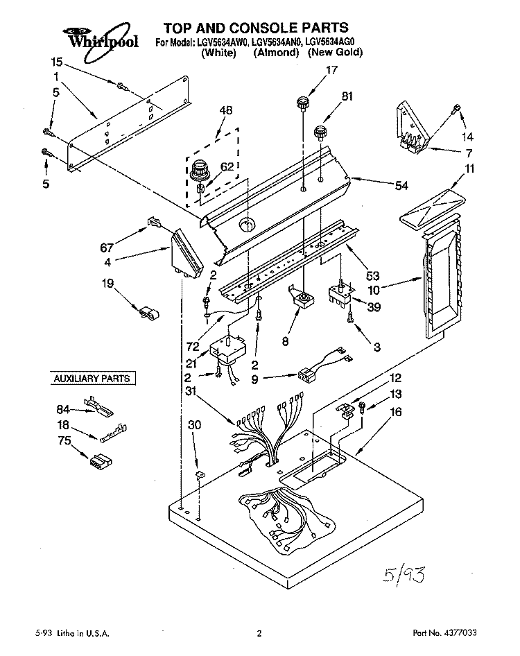 TOP AND CONSOLE, LIT/OPTIONAL Diagram and Parts List for LGV5634AN0  Whirlpool Dryer