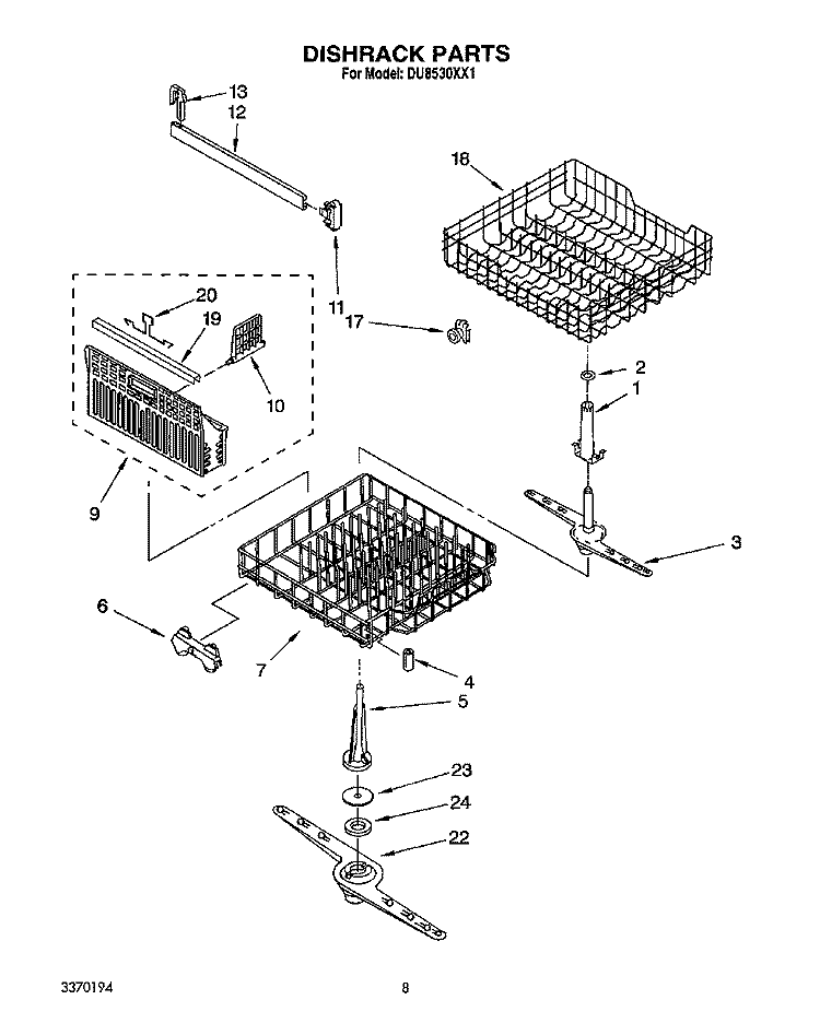 DISHRACK, LIT/OPTIONAL Diagram and Parts List for DU8530XX1  Whirlpool Dishwasher