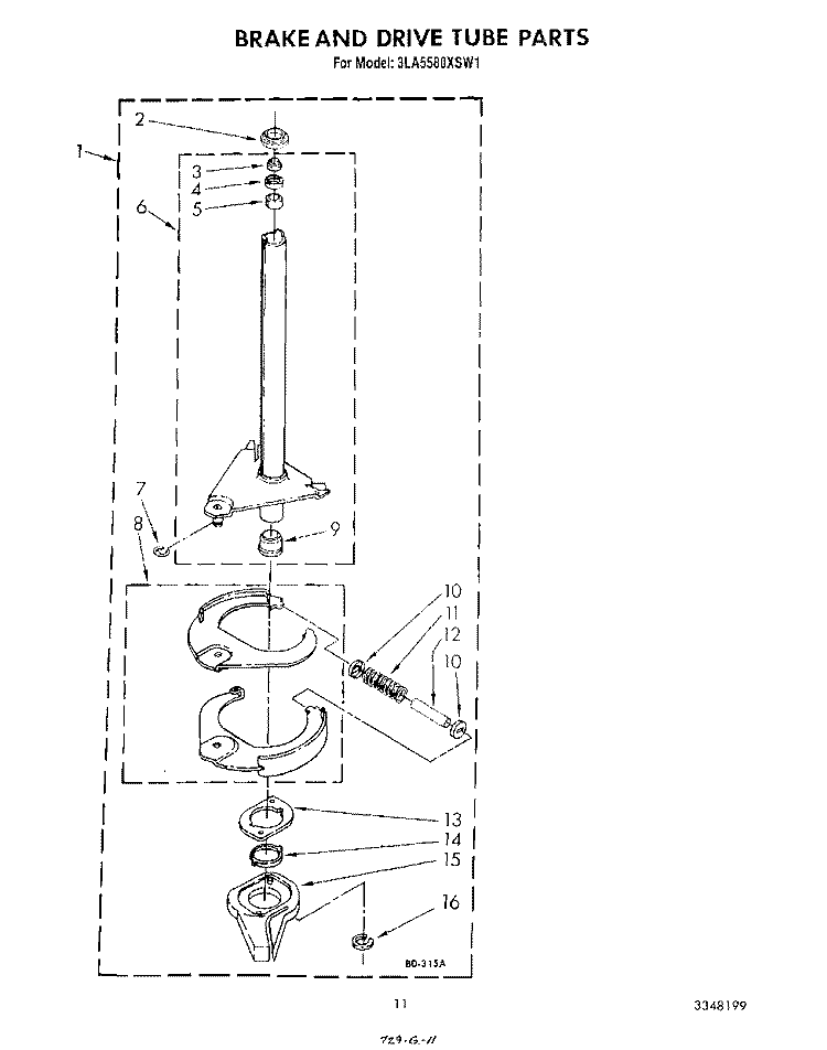 BRAKE AND DRIVE TUBE Diagram and Parts List for 3LA5580XSW1  Whirlpool Washer