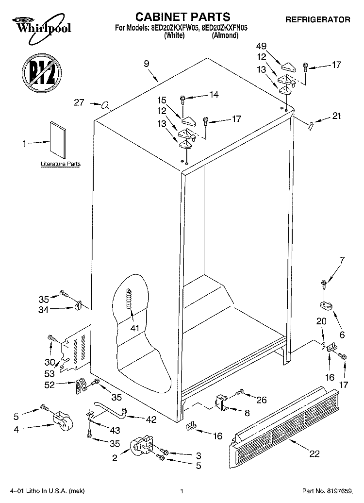 CABINET, LITERATURE Diagram and Parts List for 8ED20ZKXFW05  Whirlpool Refrigerator