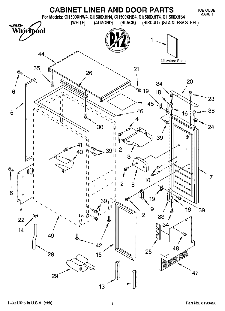CABINET LINER AND DOOR PARTS Diagram and Parts List for GI1500XHB4  Whirlpool Ice Maker