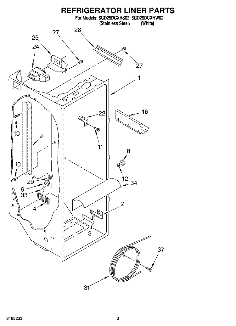 REFRIGERATOR LINER Diagram and Parts List for 6GD25DCXHW02  Whirlpool Refrigerator