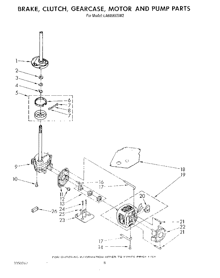 BRAKE, CLUTCH, GEARCASE, MOTOR AND PUMP Diagram and Parts List for LA6058XSW2  Whirlpool Washer