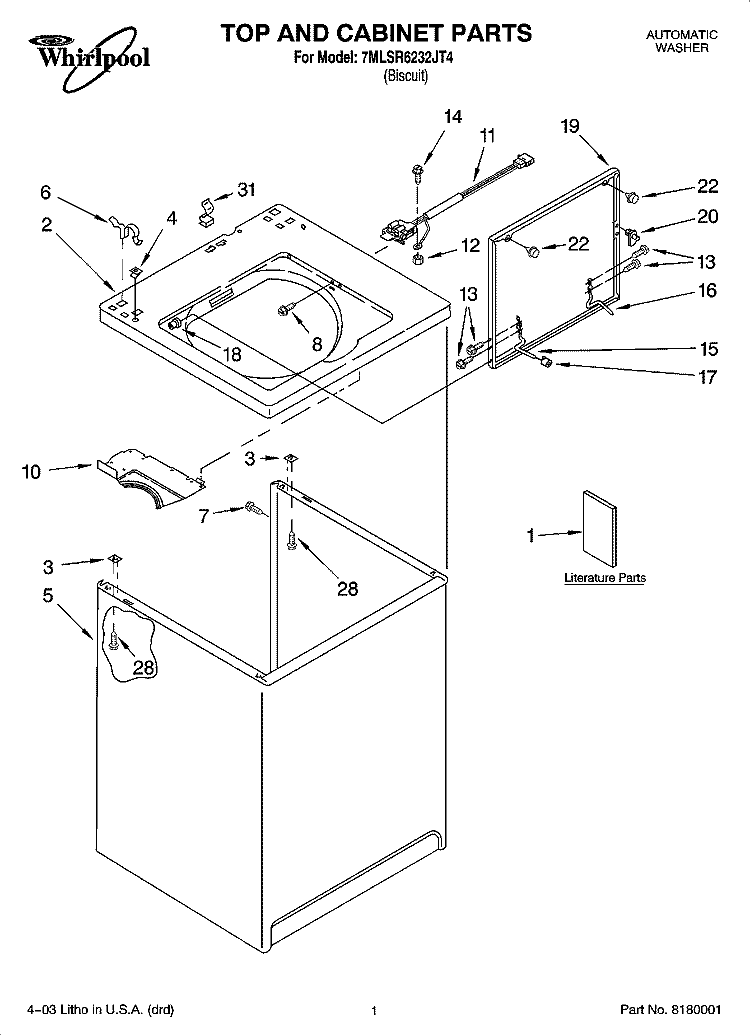 TOP AND CABINET PARTS Diagram and Parts List for 7MLSR6232JT4  Whirlpool Washer