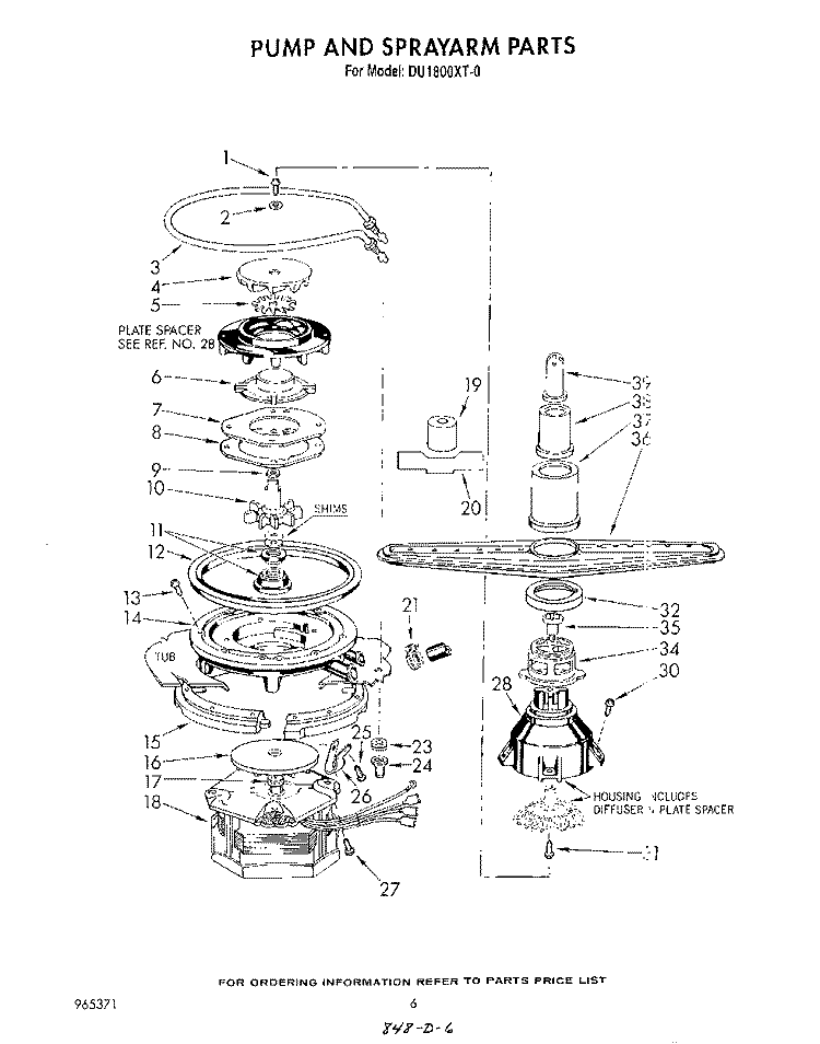 PUMP AND SPRAY ARM Diagram and Parts List for DU1800XT0  Whirlpool Dishwasher