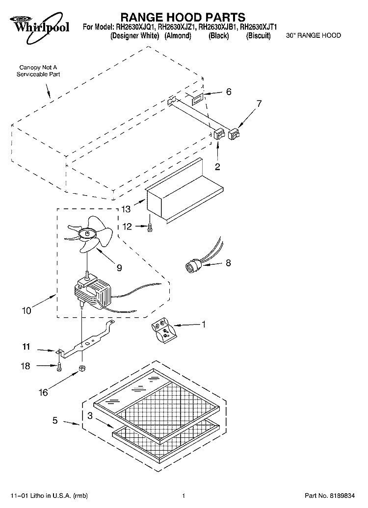 SECTION Diagram and Parts List for RH2630XJB1  Whirlpool Range Hood