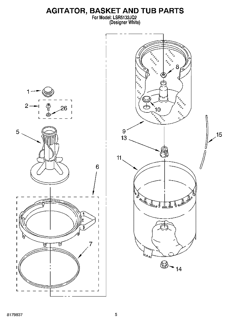 AGITATOR, BASKET AND TUB Diagram and Parts List for LSR5132JQ2  Whirlpool Washer