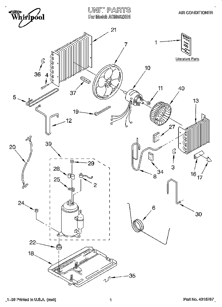 UNIT, LITERATURE Diagram and Parts List for ACM052XG1  Whirlpool Air Conditioner
