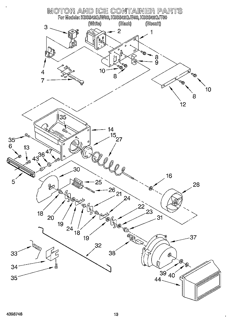 MOTOR AND ICE CONTAINER Diagram and Parts List for KSSS42QJT00  KitchenAid Refrigerator