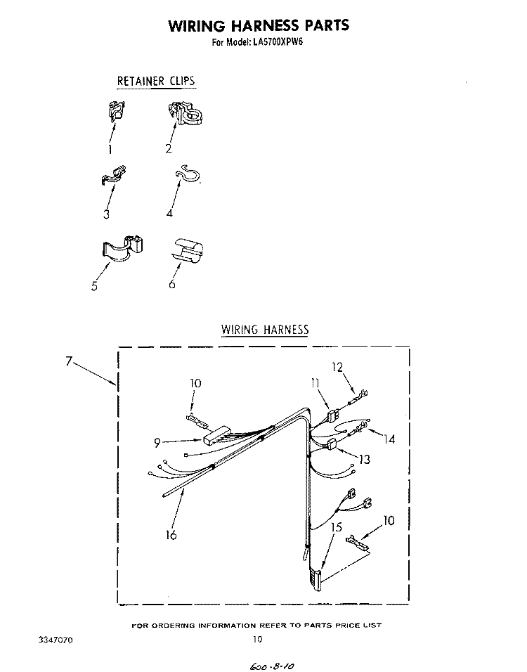 WIRING HARNESS Diagram and Parts List for LA5700XPW6  Whirlpool Washer