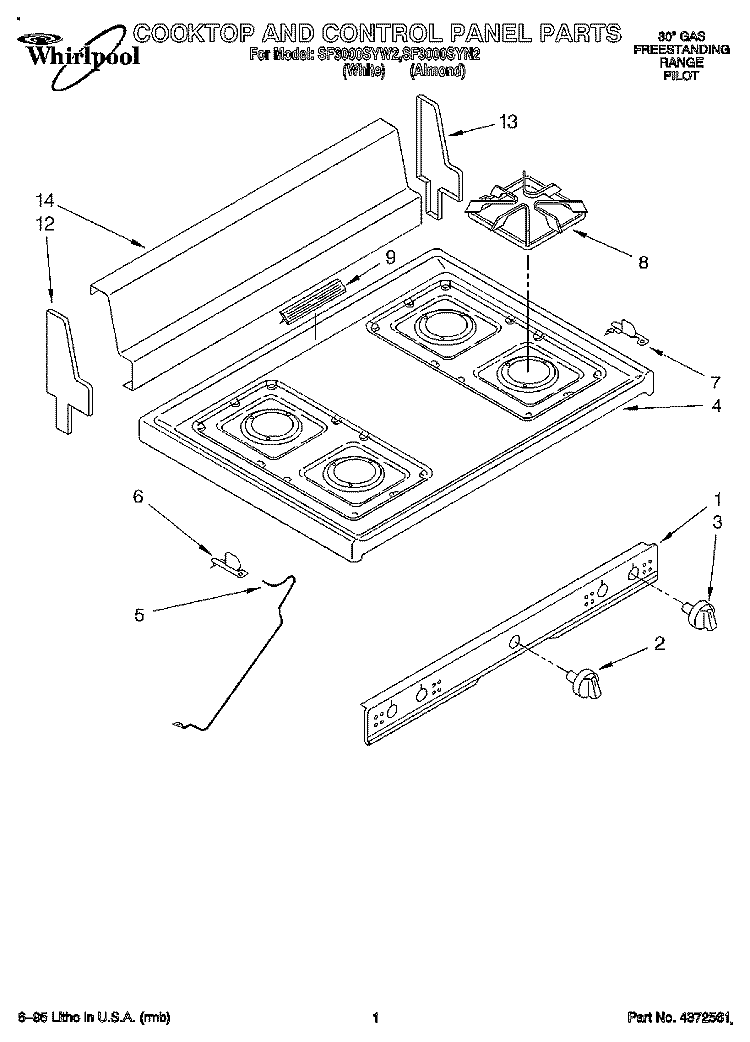 COOKTOP AND CONTROL PANEL, LITERATURE Diagram and Parts List for SF3000SYN2  Whirlpool Range