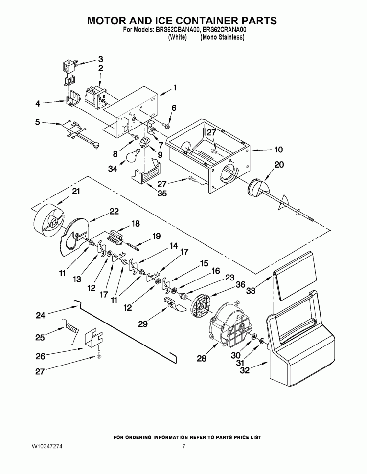 MOTOR AND ICE CONTAINER PARTS Diagram and Parts List for BRS62CRANA00  Whirlpool Refrigerator