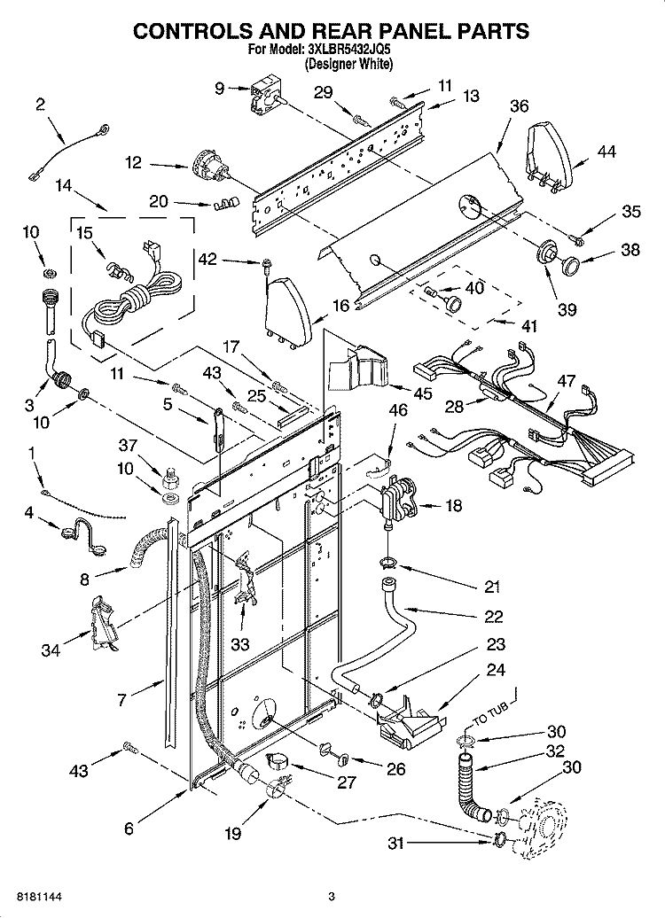 CONTROLS AND REAR PANEL PARTS Diagram and Parts List for 3XLBR5432JQ5  Whirlpool Washer