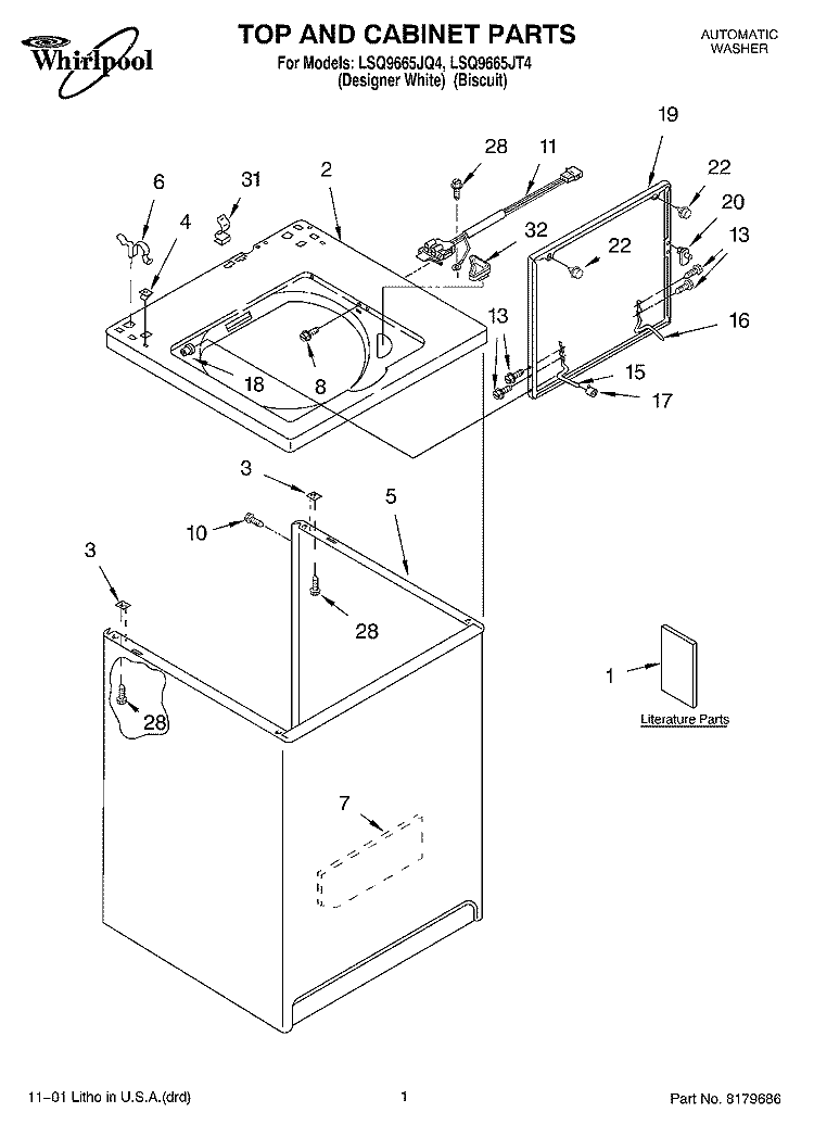 TOP AND CABINET, LITERATURE Diagram and Parts List for LSQ9665JQ4  Whirlpool Washer