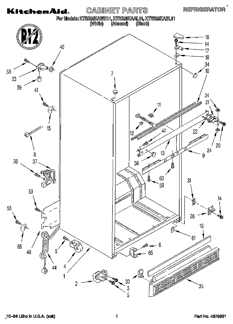 CABINET Diagram and Parts List for KTRS25KAAL11  KitchenAid Refrigerator