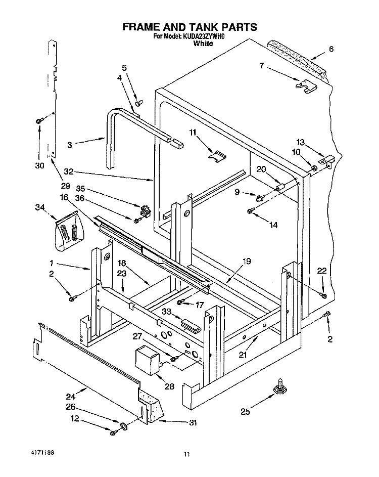 FRAME AND TANK Diagram and Parts List for KUDA23ZYWH0  KitchenAid Dishwasher