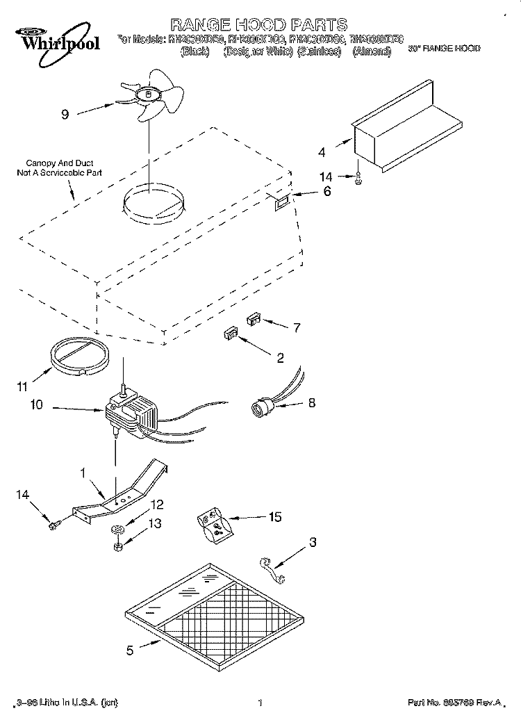 SECTION Diagram and Parts List for RH2030XDS0  Whirlpool Range Hood