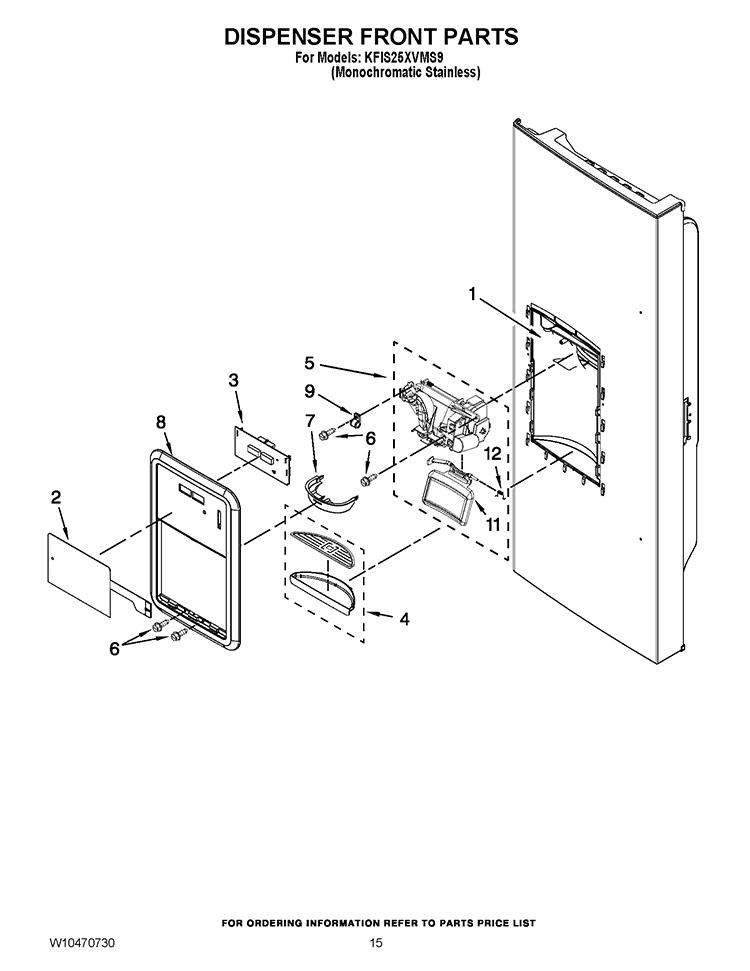 DISPENSER FRONT PARTS Diagram and Parts List for KFIS25XVMS9  KitchenAid Refrigerator