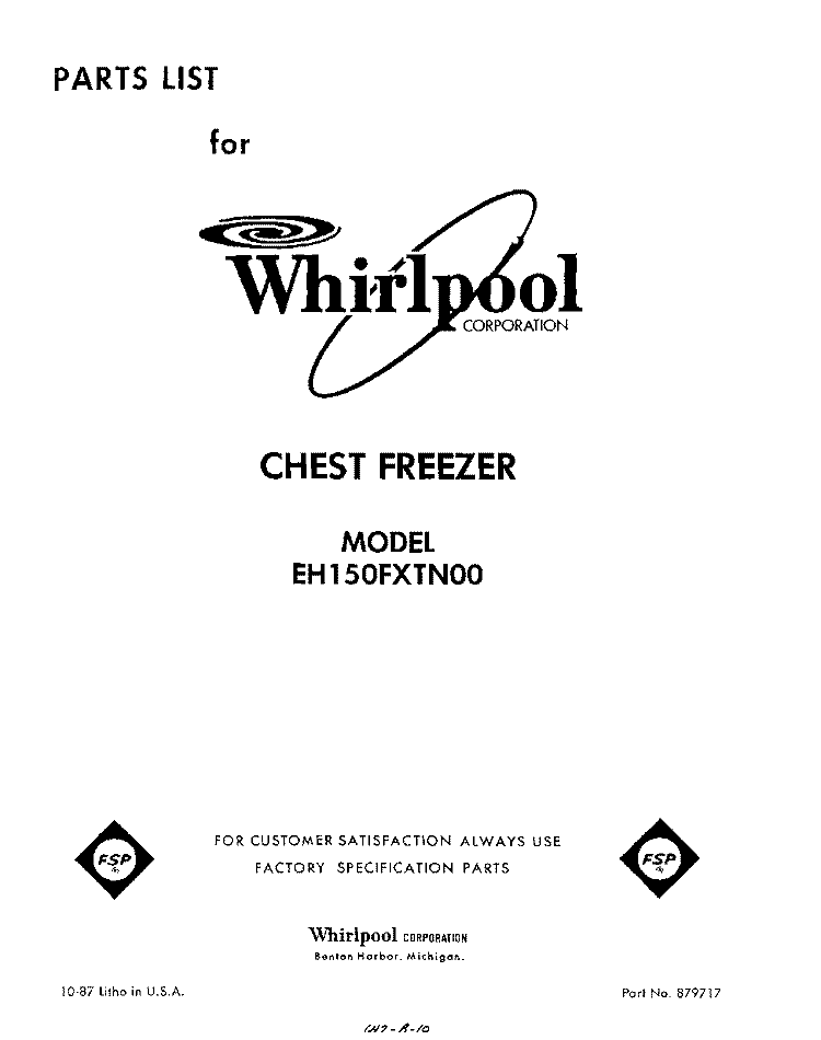 SECTION Diagram and Parts List for EH150FXTN00  Whirlpool Freezer