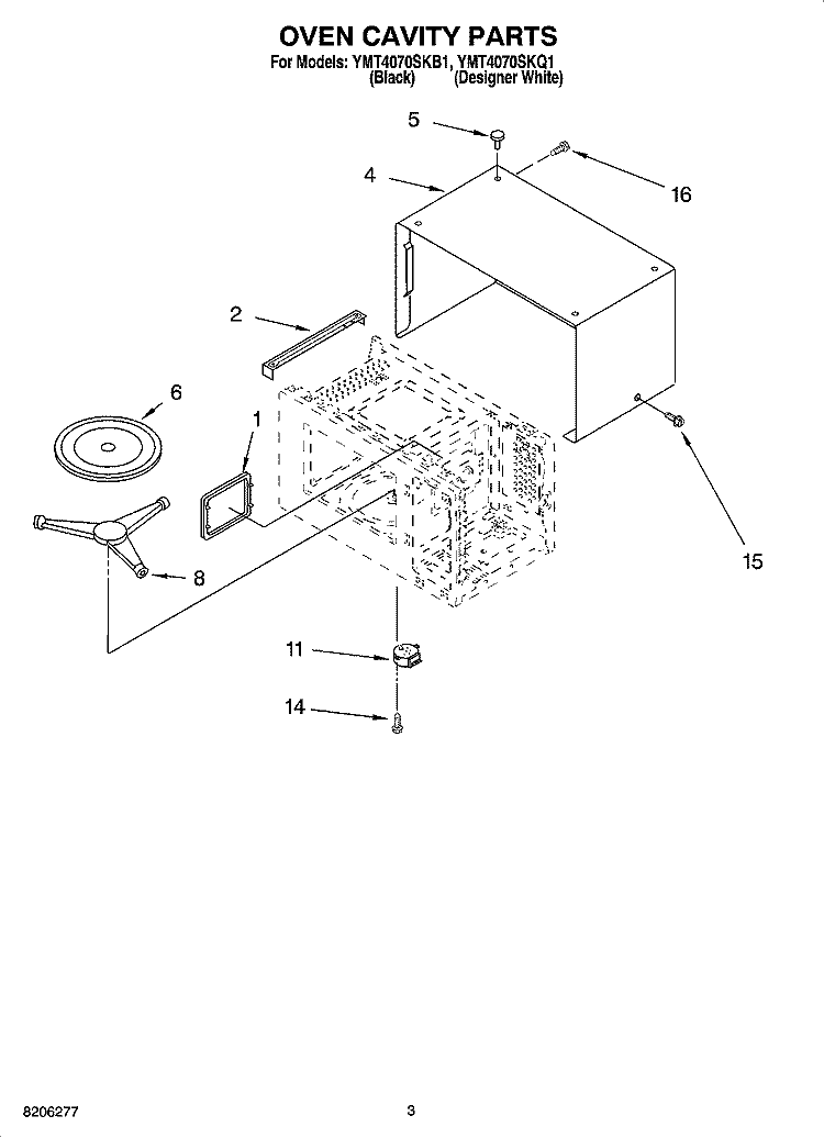 OVEN CAVITY PARTS Diagram and Parts List for YMT4070SKB1  Whirlpool Microwave