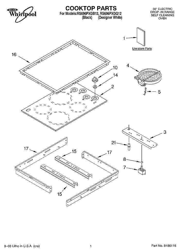 COOKTOP PARTS Diagram and Parts List for RS696PXGB12  Whirlpool Range