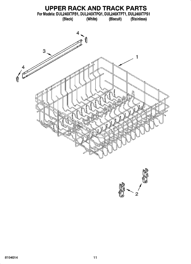 UPPER RACK AND TRACK PARTS Diagram and Parts List for DUL240XTPT1  Whirlpool Dishwasher