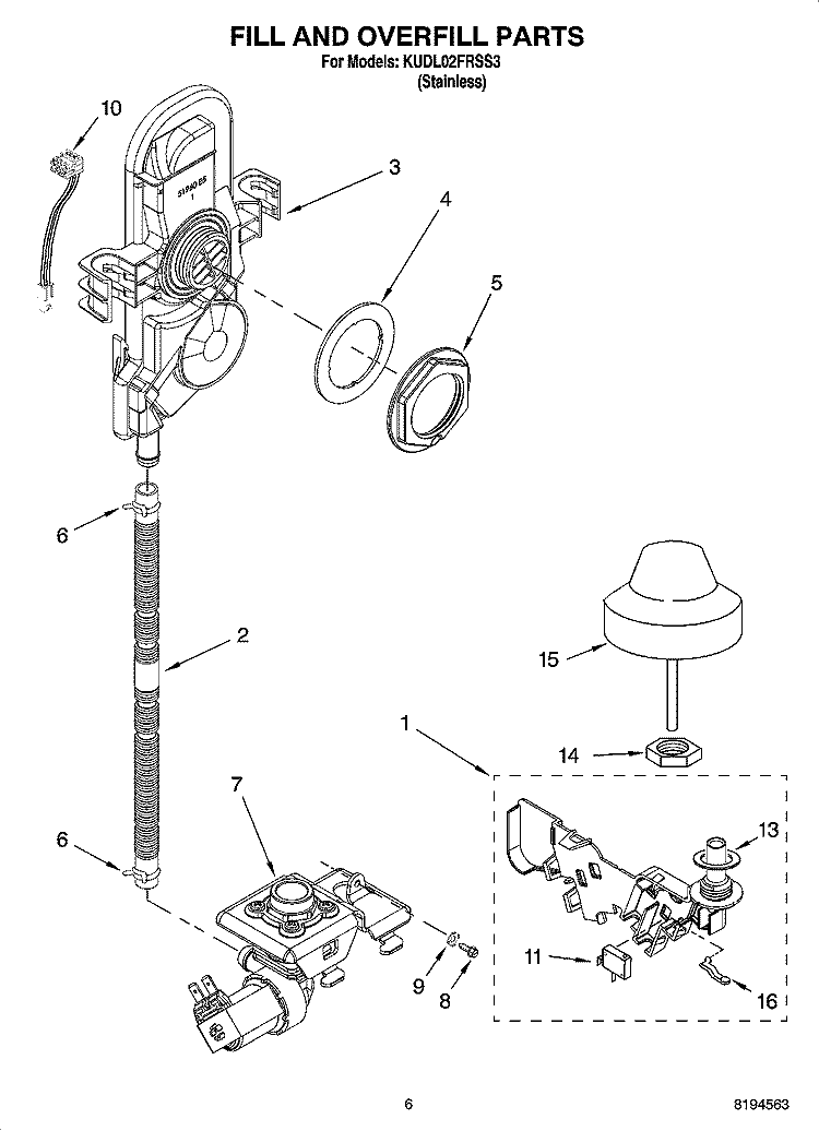FILL AND OVERFILL PARTS Diagram and Parts List for KUDL02FRSS3  KitchenAid Dishwasher