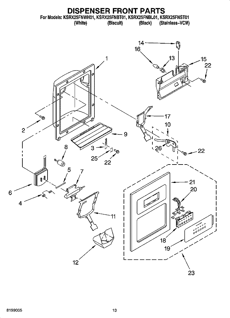 DISPENSER FRONT PARTS Diagram and Parts List for KSRX25FNBL01  KitchenAid Refrigerator