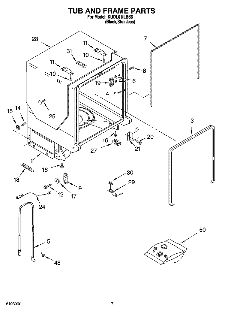 TUB AND FRAME PARTS Diagram and Parts List for KUDL01ILBS5  KitchenAid Dishwasher