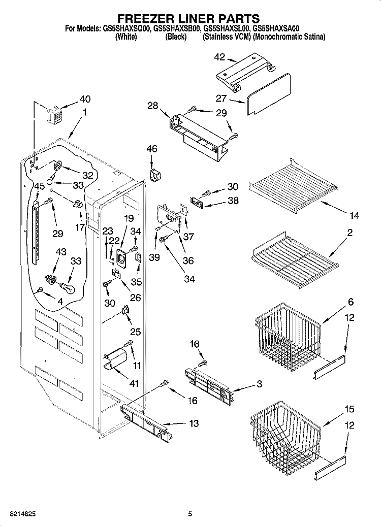 FREEZER LINER PARTS Diagram and Parts List for GS5SHAXSA00  Whirlpool Refrigerator