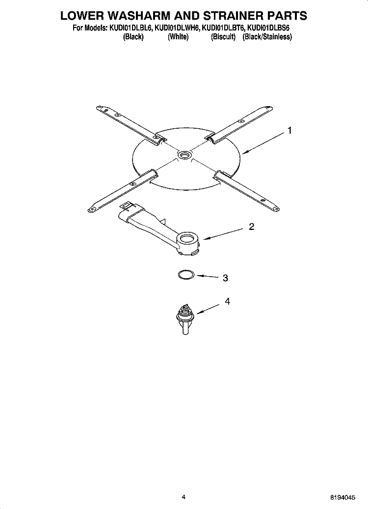 LOWER WASHARM AND STRAINER PARTS Diagram and Parts List for KUDI01DLBS6  KitchenAid Dishwasher