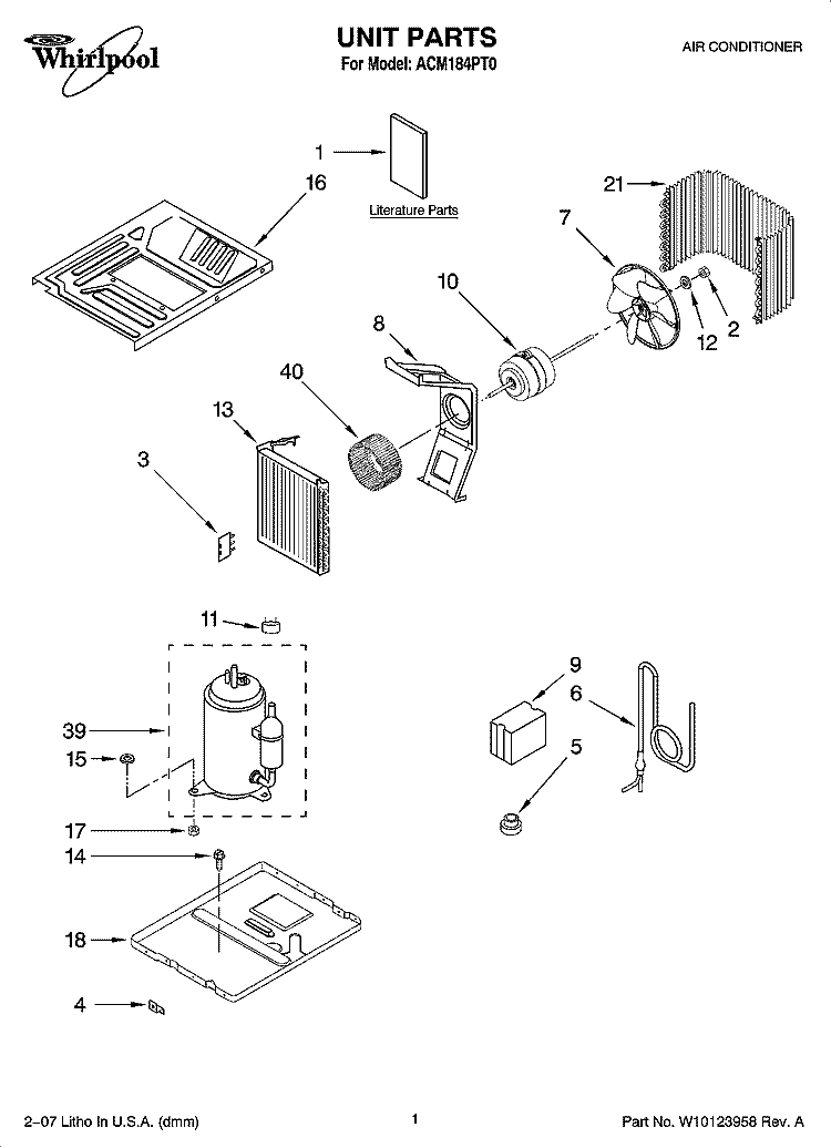 UNIT PARTS Diagram and Parts List for ACM184PT0  Whirlpool Air Conditioner