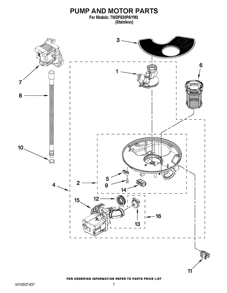 PUMP AND MOTOR PARTS Diagram and Parts List for 7WDF530PAYM3  Whirlpool Dishwasher