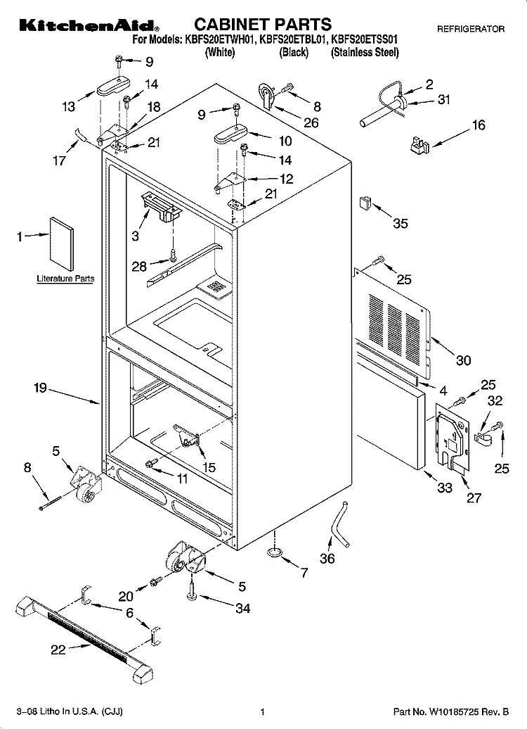 CABINET PARTS Diagram and Parts List for KBFS20ETWH01  KitchenAid Refrigerator