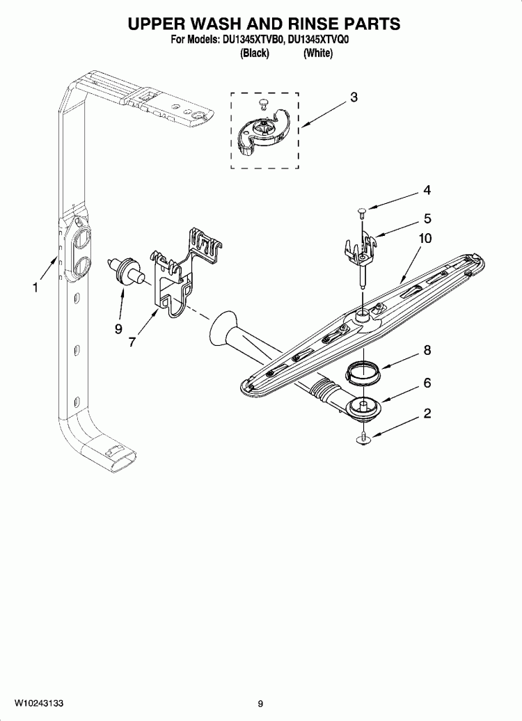 UPPER WASH AND RINSE PARTS Diagram and Parts List for DU1345XTVB0  Whirlpool Dishwasher