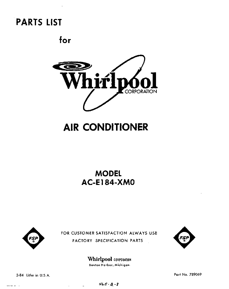 COVER Diagram and Parts List for ACE184XM0  Whirlpool Air Conditioner